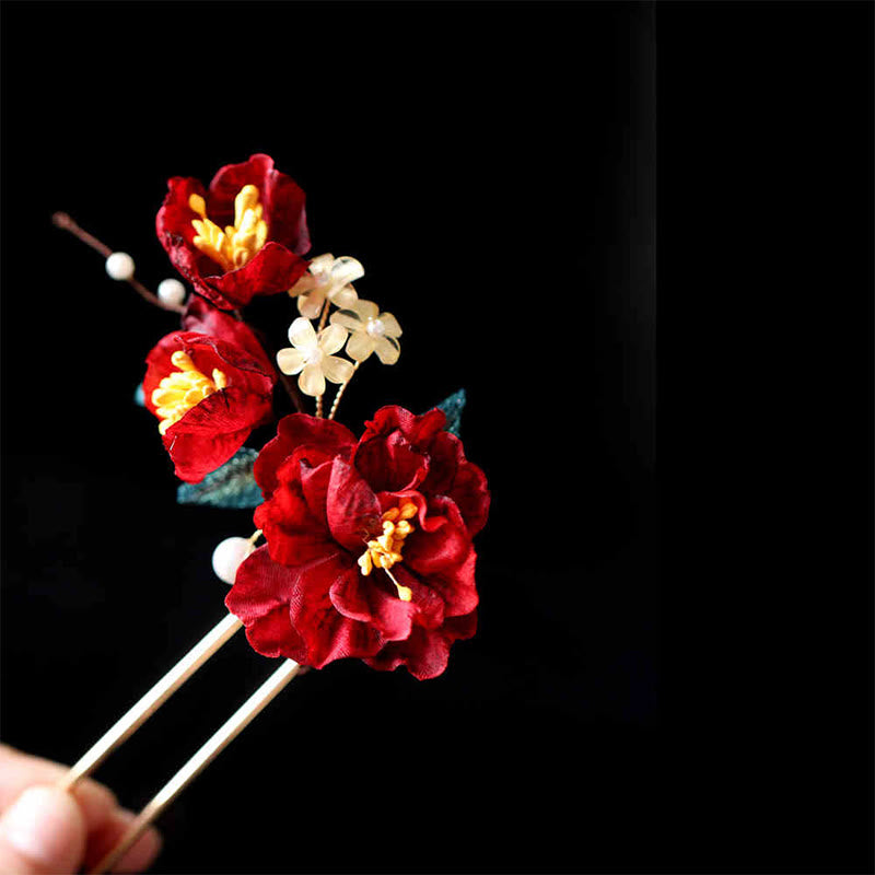 Chinese Style Red Camellia Butterfly Hair Clip Hair Comb Hairpin Barrette Accessory