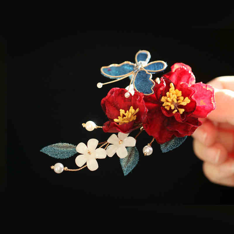 Chinese Style Red Camellia Butterfly Hair Clip Hair Comb Hairpin Barrette Accessory