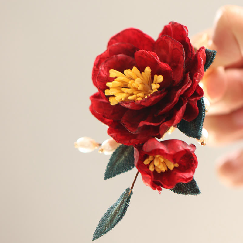 Chinese Style Red Camellia Butterfly Hair Clip Hair Comb Hairpin Barrette Accessory