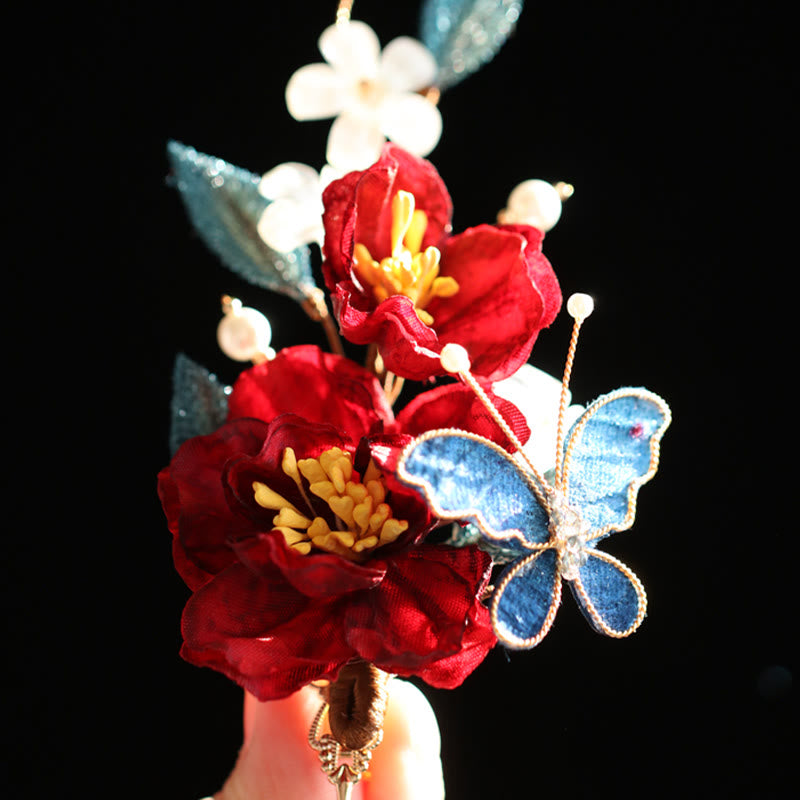 Chinese Style Red Camellia Butterfly Hair Clip Hair Comb Hairpin Barrette Accessory