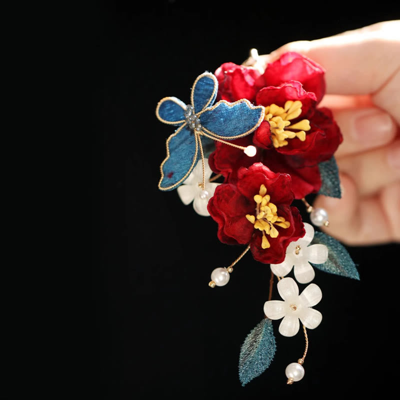Chinese Style Red Camellia Butterfly Hair Clip Hair Comb Hairpin Barrette Accessory
