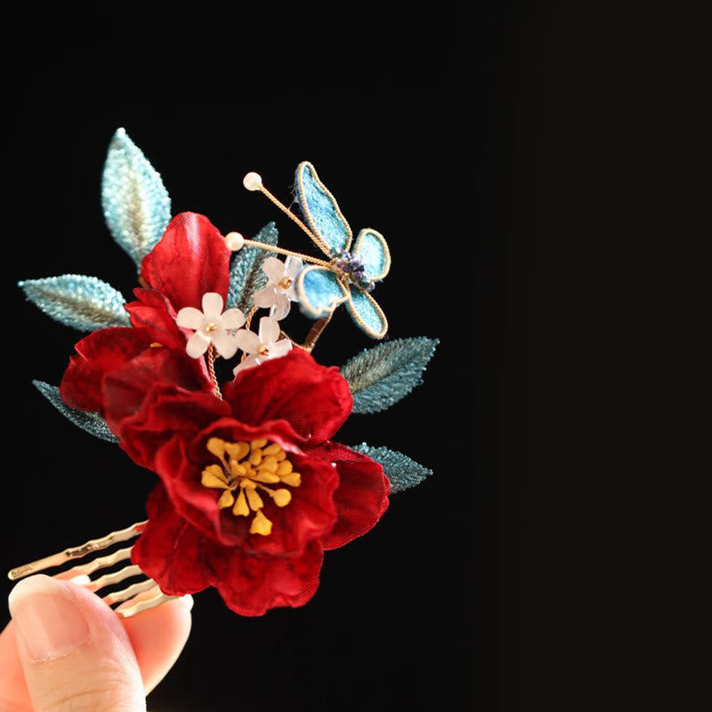 Chinese Style Red Camellia Butterfly Hair Clip Hair Comb Hairpin Barrette Accessory