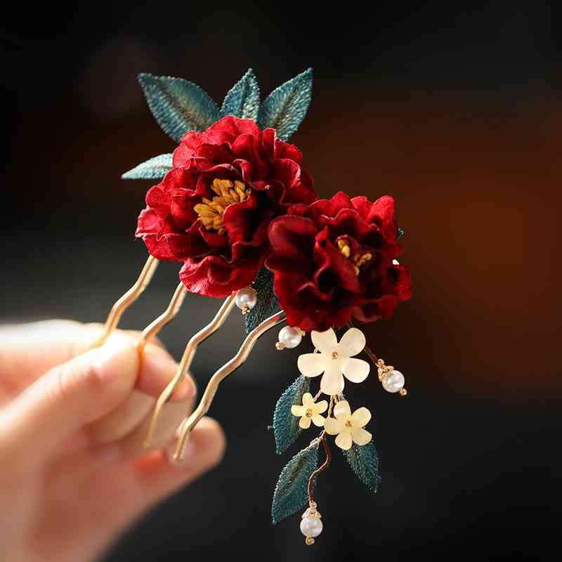Chinese Style Red Camellia Butterfly Hair Clip Hair Comb Hairpin Barrette Accessory