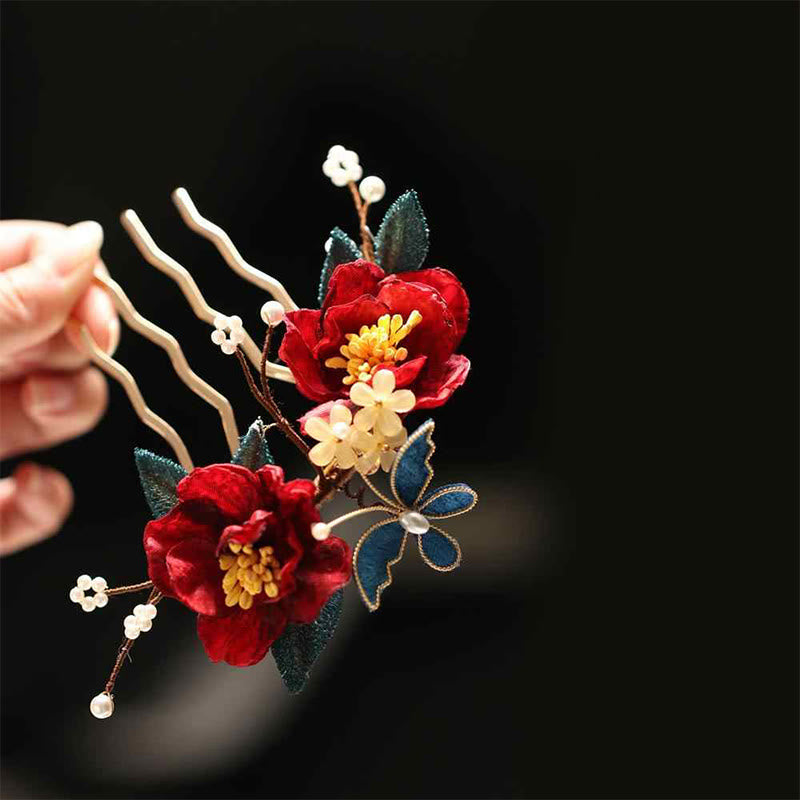 Chinese Style Red Camellia Butterfly Hair Clip Hair Comb Hairpin Barrette Accessory