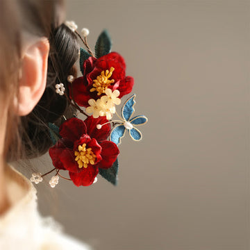 Chinese Style Red Camellia Butterfly Hair Clip Hair Comb Hairpin Barrette Accessory