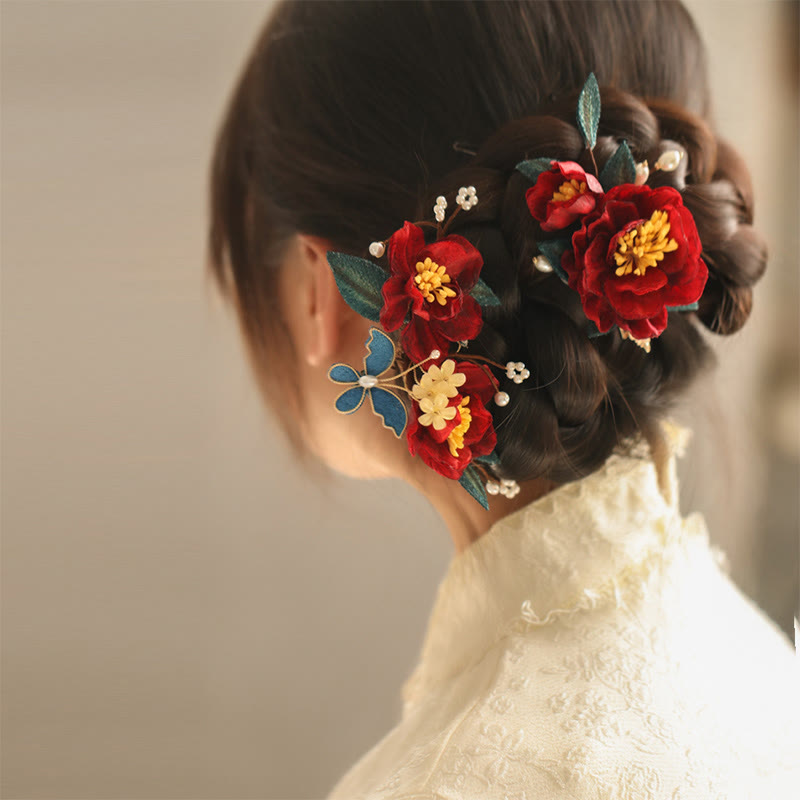 Chinese Style Red Camellia Butterfly Hair Clip Hair Comb Hairpin Barrette Accessory