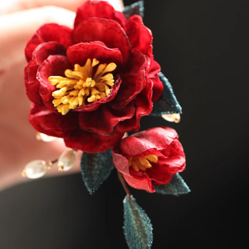 Chinese Style Red Camellia Butterfly Hair Clip Hair Comb Hairpin Barrette Accessory