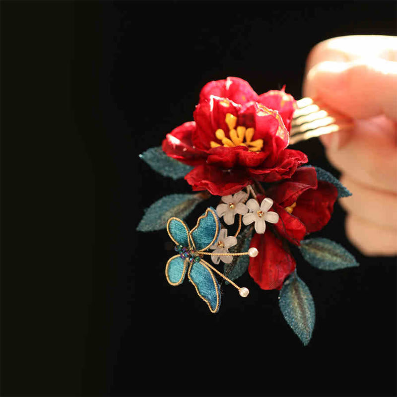 Chinese Style Red Camellia Butterfly Hair Clip Hair Comb Hairpin Barrette Accessory