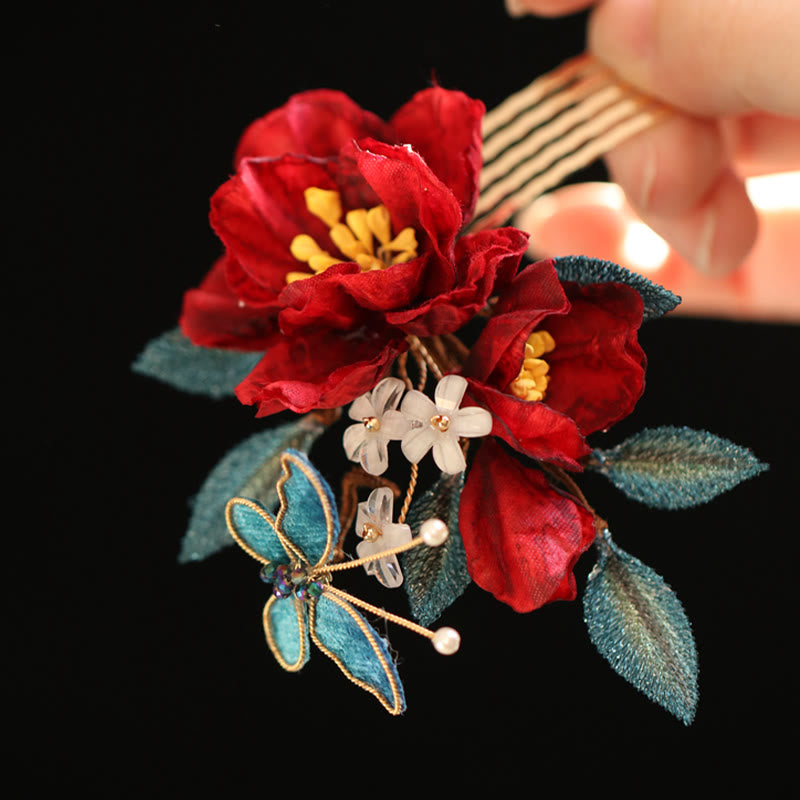 Chinese Style Red Camellia Butterfly Hair Clip Hair Comb Hairpin Barrette Accessory