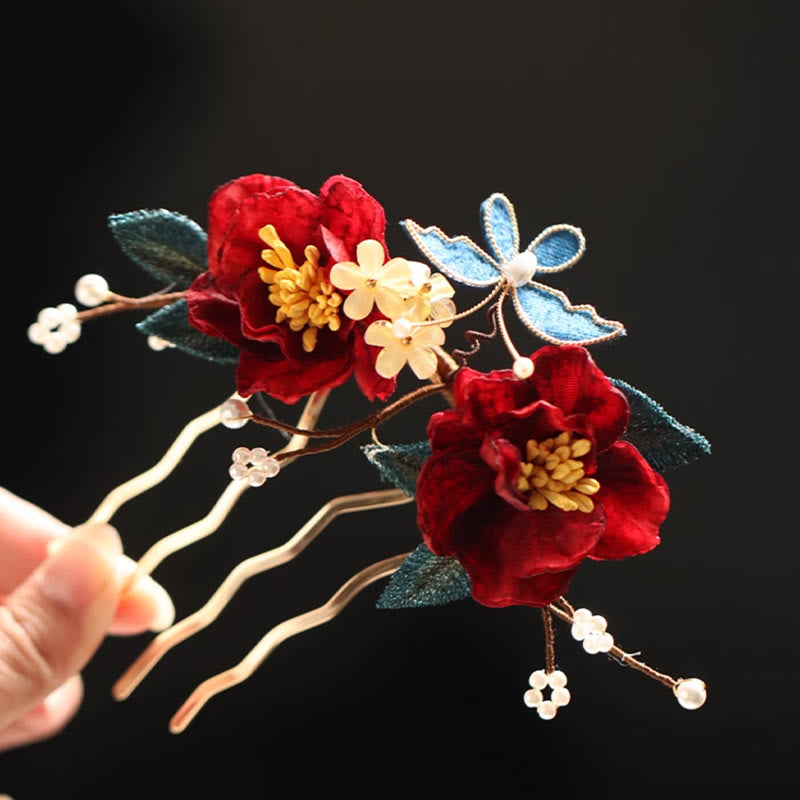 Chinese Style Red Camellia Butterfly Hair Clip Hair Comb Hairpin Barrette Accessory