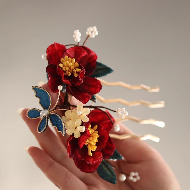 Chinese Style Red Camellia Butterfly Hair Clip Hair Comb Hairpin Barrette Accessory