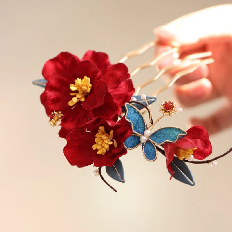 Chinese Style Red Camellia Butterfly Hair Clip Hair Comb Hairpin Barrette Accessory