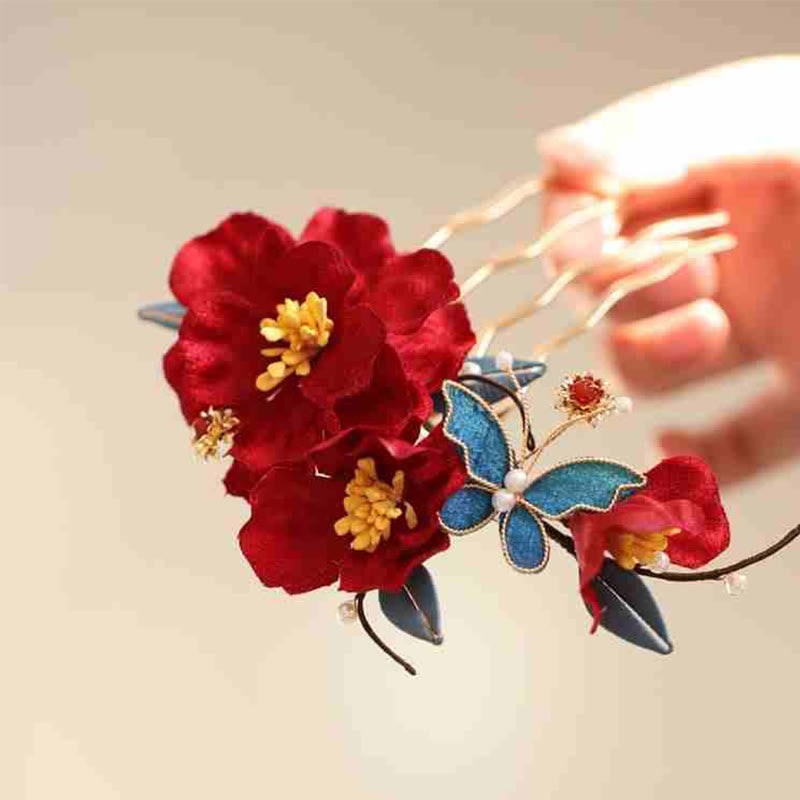 Chinese Wedding Red Flower Butterfly Hair Comb Hairpin Barrette