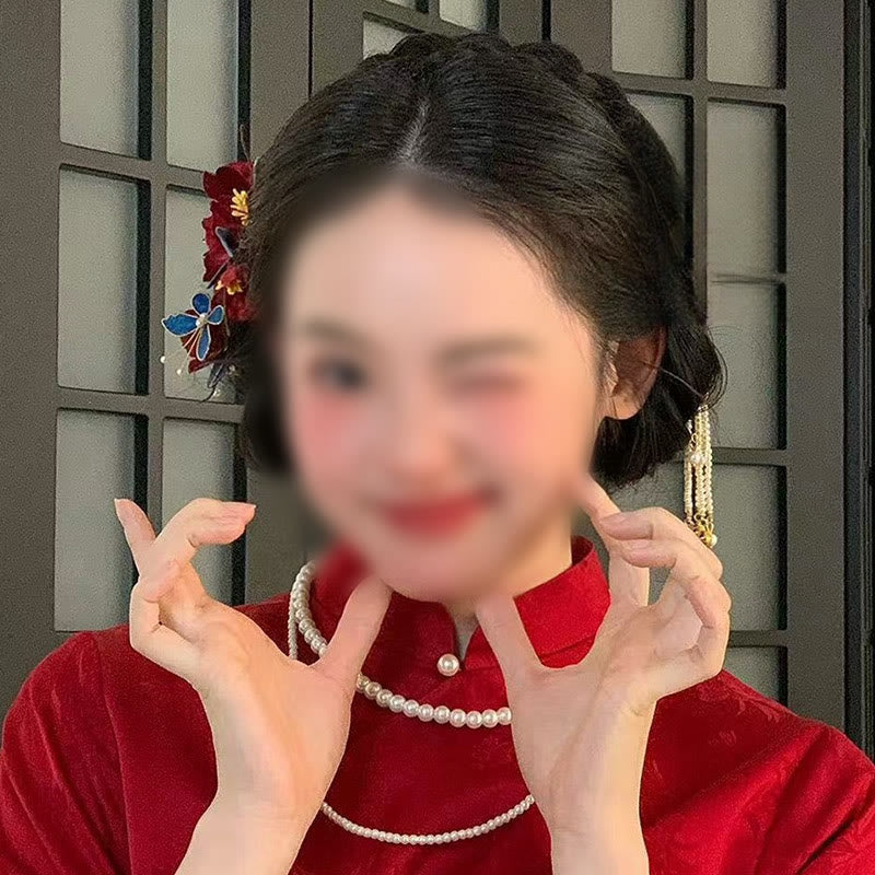 Chinese Wedding Red Flower Butterfly Hair Comb Hairpin Barrette