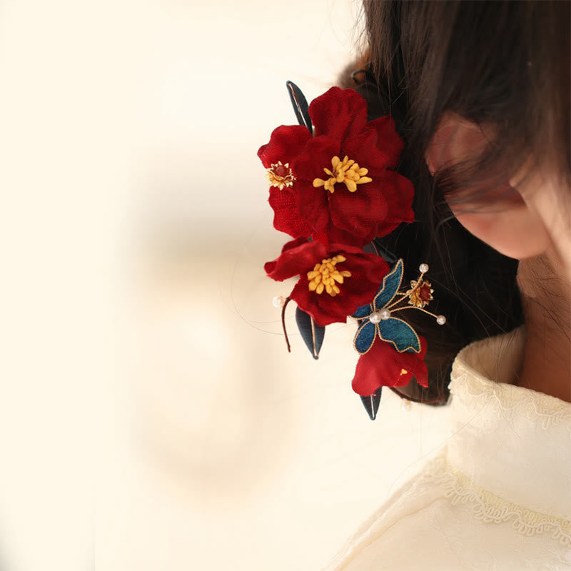 Chinese Wedding Red Flower Butterfly Hair Comb Hairpin Barrette
