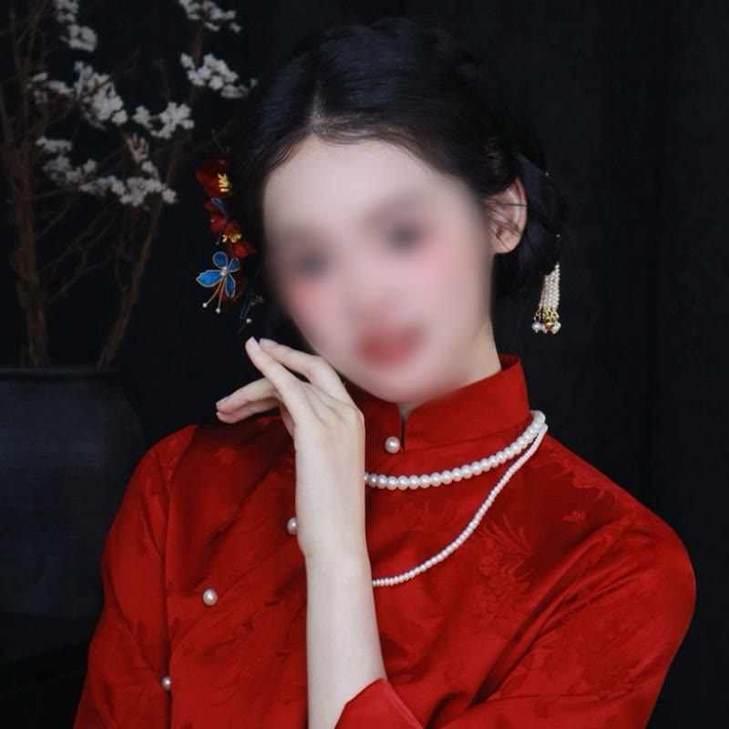 Chinese Wedding Red Flower Butterfly Hair Comb Hairpin Barrette