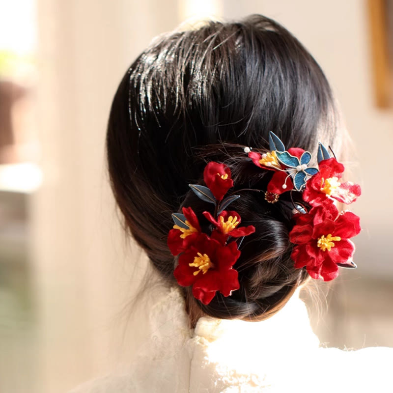 Chinese Wedding Red Flower Butterfly Hair Comb Hairpin Barrette