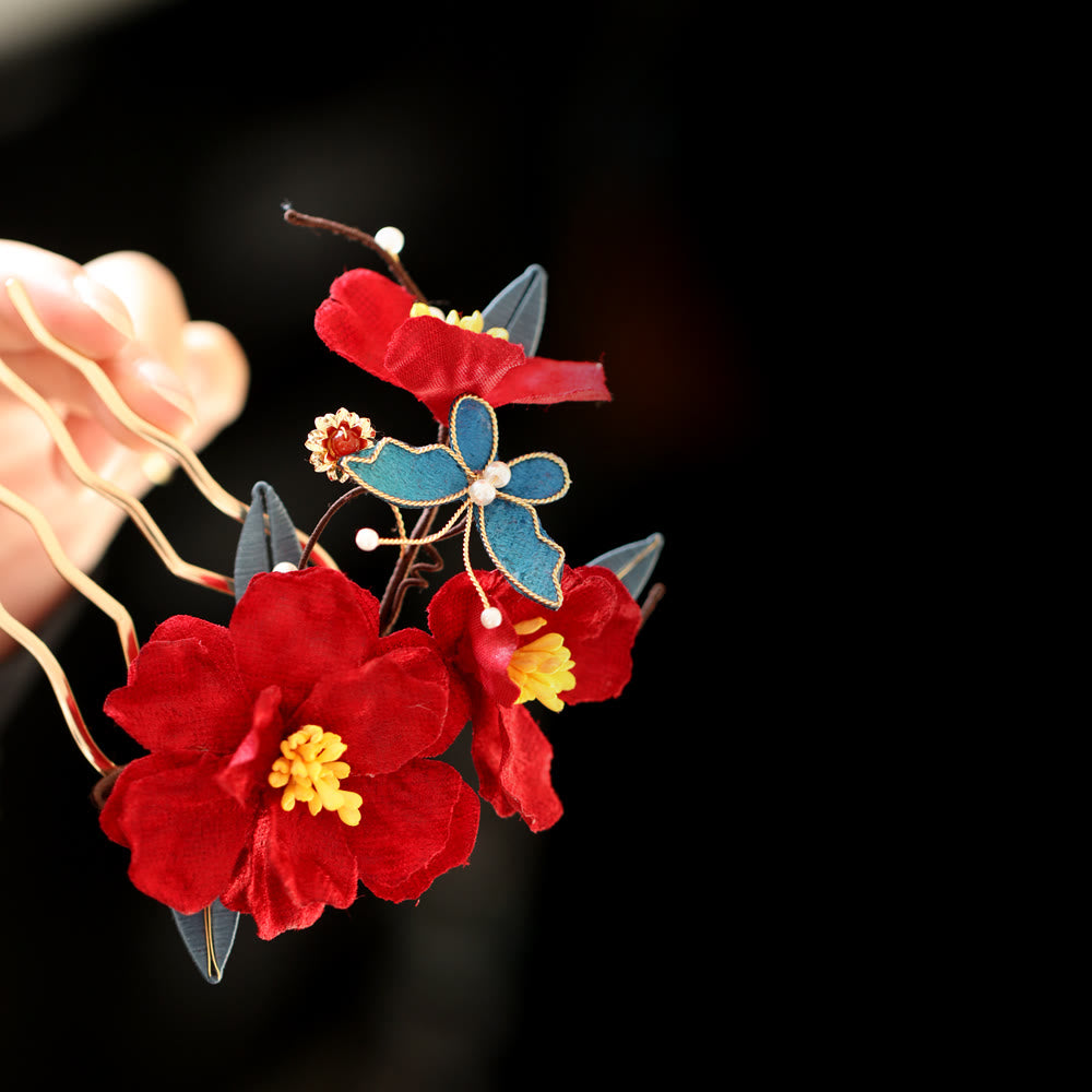 Chinese Wedding Red Flower Butterfly Hair Comb Hairpin Barrette