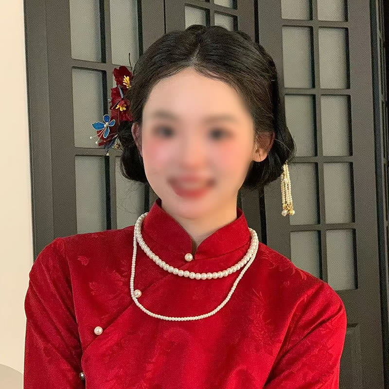 Chinese Wedding Red Flower Butterfly Hair Comb Hairpin Barrette