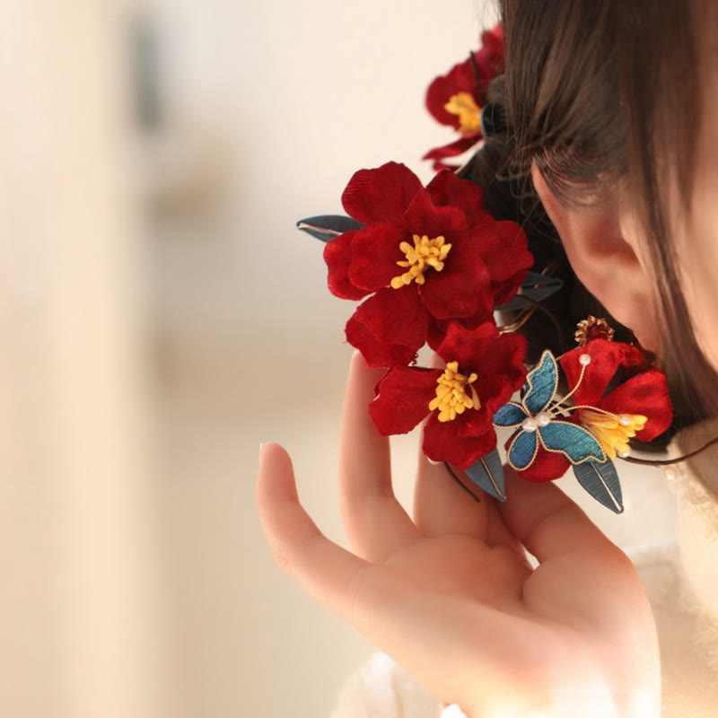 Chinese Wedding Red Flower Butterfly Hair Comb Hairpin Barrette