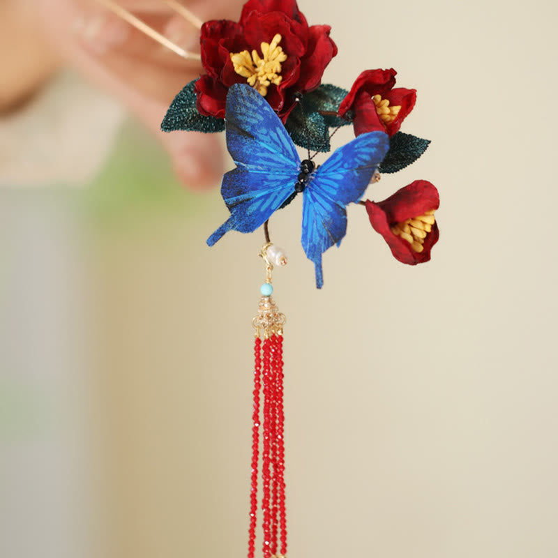 Classical Chinese Style Red Flower and Blue Butterfly Hairpin