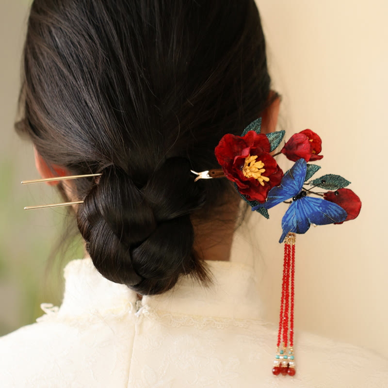 Classical Chinese Style Red Flower and Blue Butterfly Hairpin