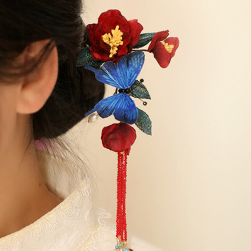 Classical Chinese Style Red Flower Blue Butterfly Hairpin