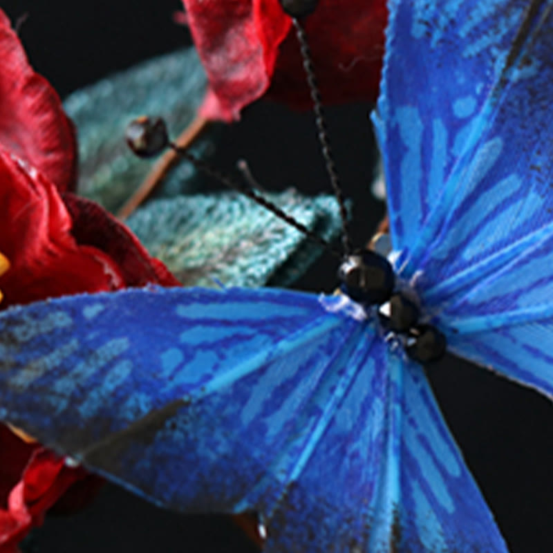 Classical Chinese Style Red Flower and Blue Butterfly Hairpin