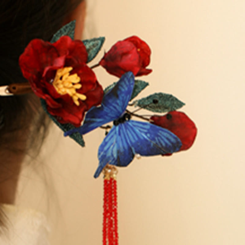 Classical Chinese Style Red Flower and Blue Butterfly Hairpin