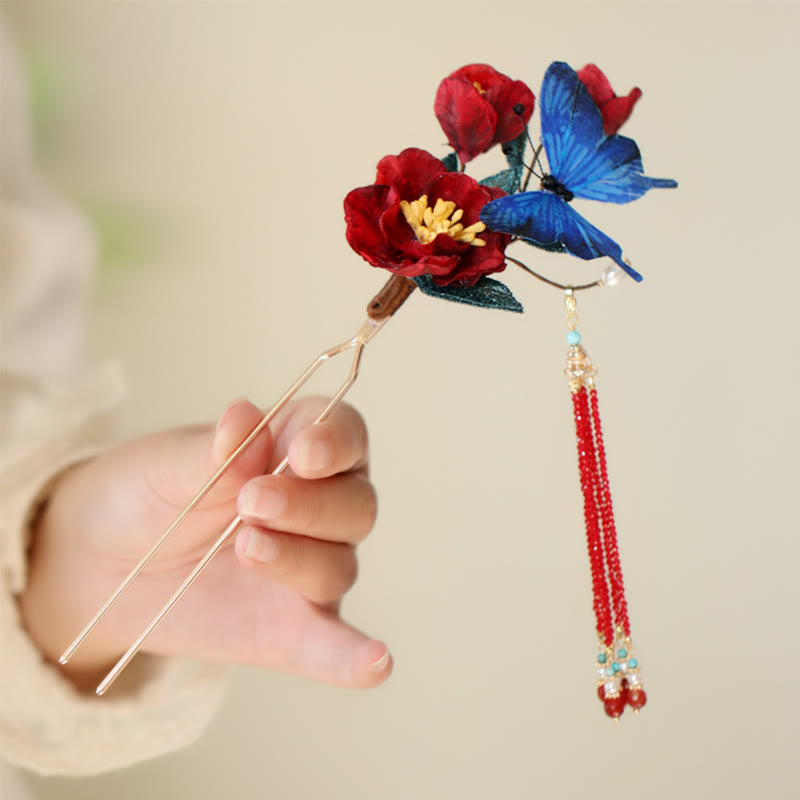 Classical Chinese Style Red Flower and Blue Butterfly Hairpin