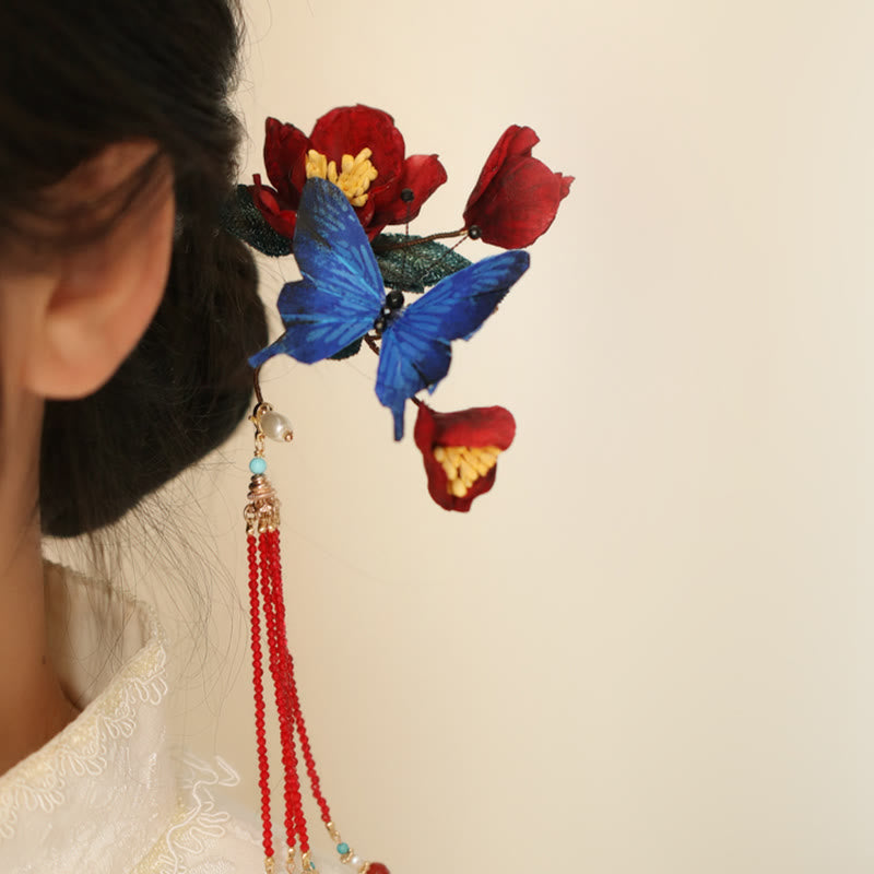 Classical Chinese Style Red Flower and Blue Butterfly Hairpin