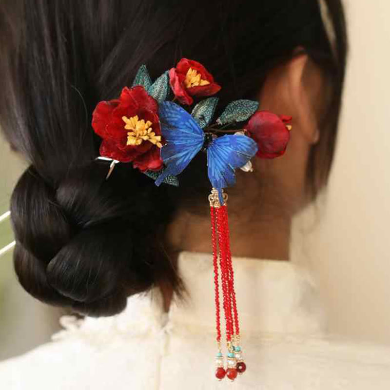 Classical Chinese Style Red Flower and Blue Butterfly Hairpin