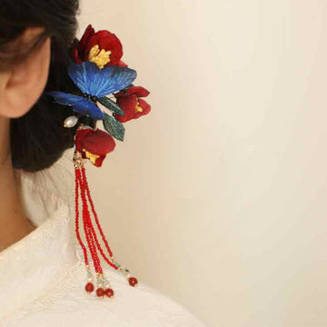 Classical Chinese Style Red Flower and Blue Butterfly Hairpin