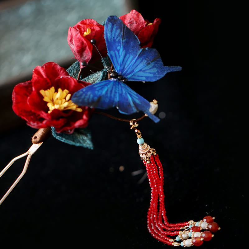 Classical Chinese Style Red Flower and Blue Butterfly Hairpin