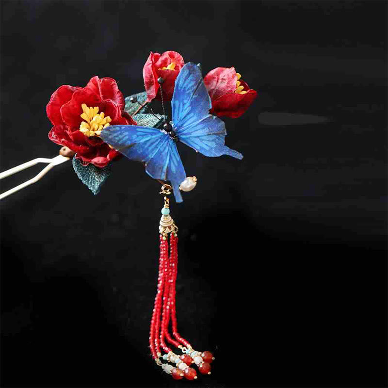 Classical Chinese Style Red Flower and Blue Butterfly Hairpin