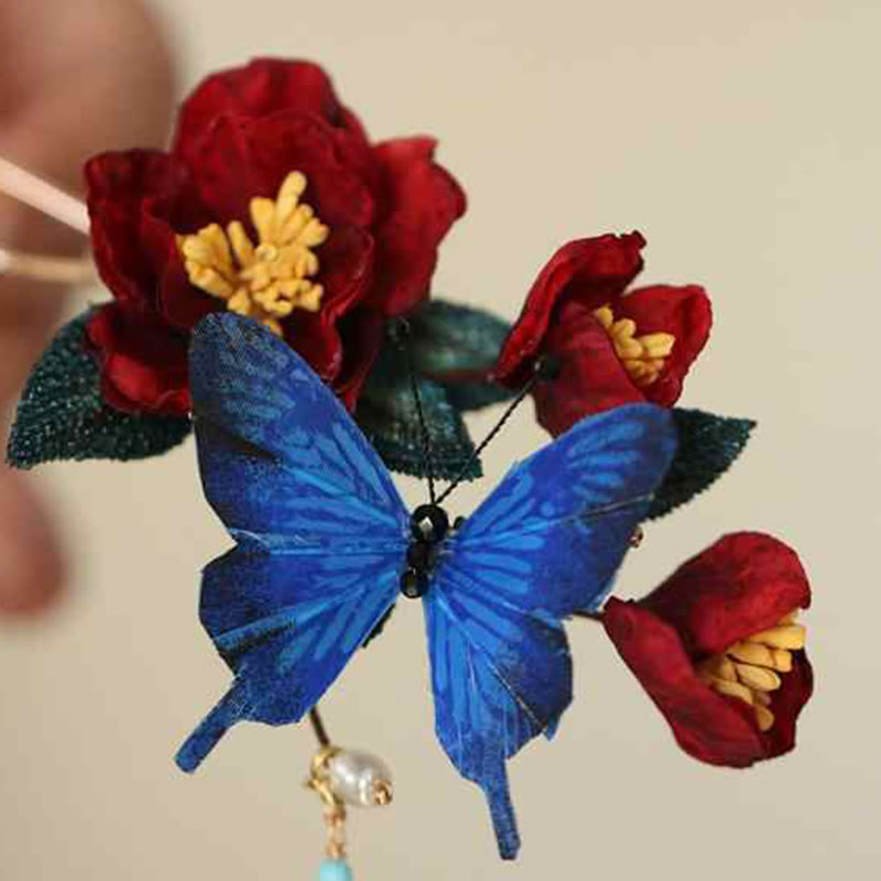 Classical Chinese Style Red Flower and Blue Butterfly Hairpin