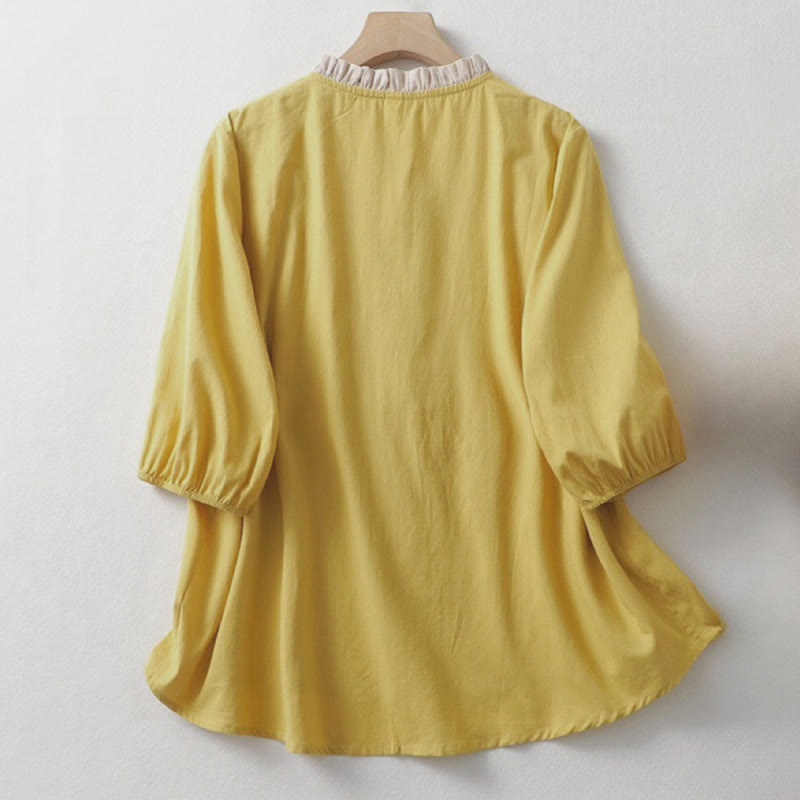 Cotton Linen Ruffle Collar Frog-Button Mindful Shirt
