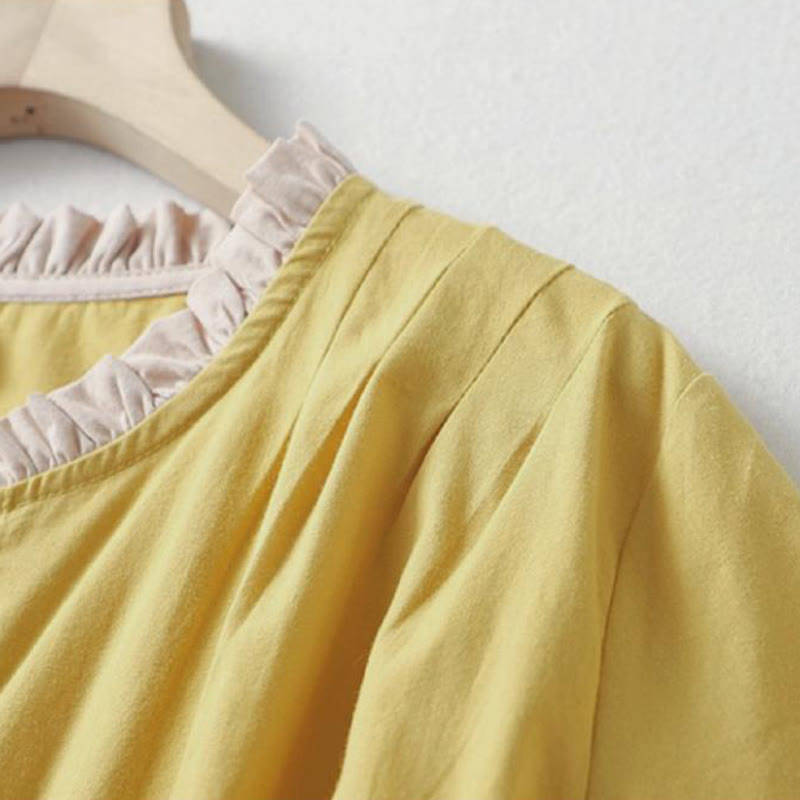 Cotton Linen Ruffle Collar Frog-Button Mindful Shirt