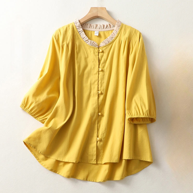 Cotton Linen Ruffle Collar Frog-Button Mindful Shirt