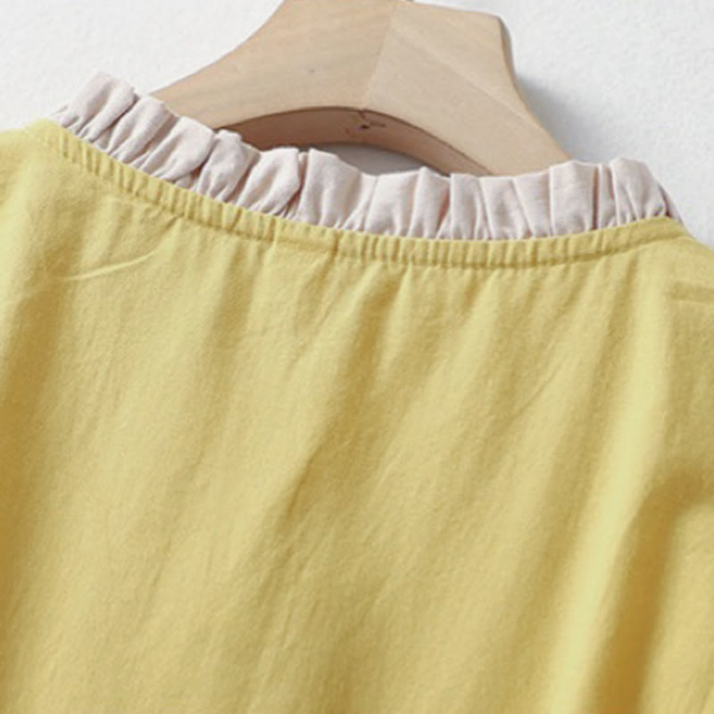 Cotton Linen Ruffle Collar Frog-Button Mindful Shirt