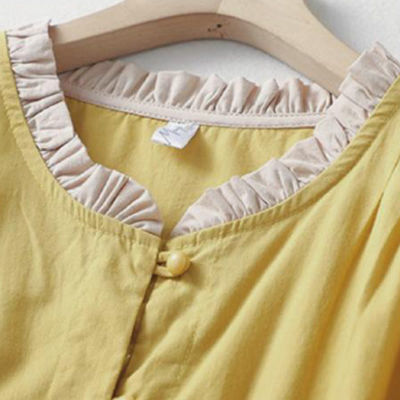 Cotton Linen Ruffle Collar Frog-Button Mindful Shirt