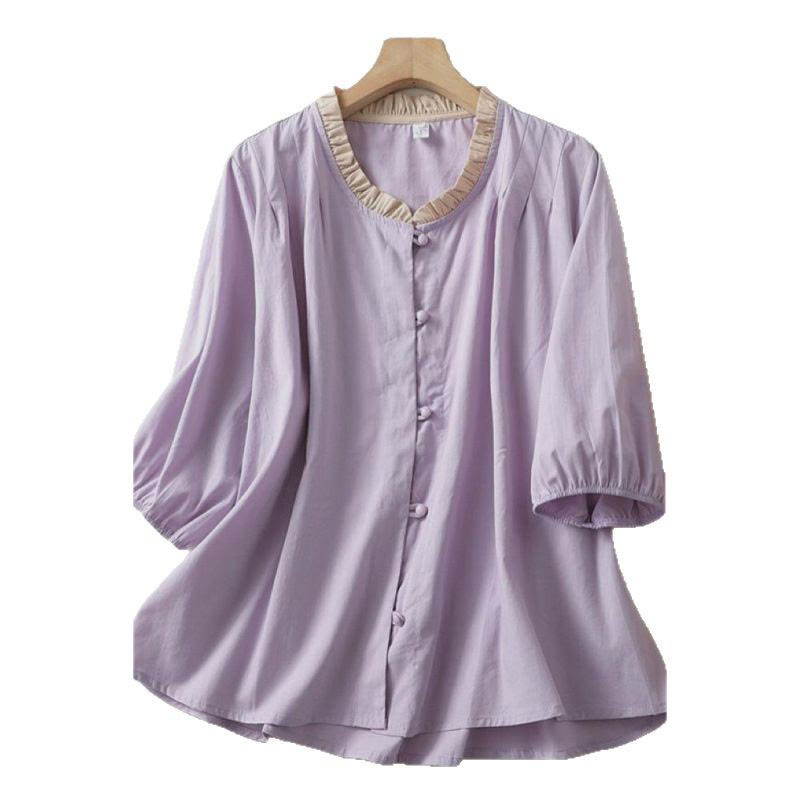Cotton Linen Ruffle Collar Frog-Button Mindful Shirt