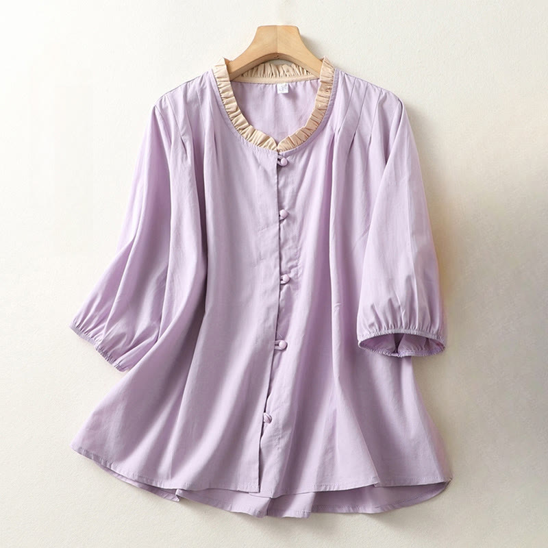 Cotton Linen Ruffle Collar Frog-Button Mindful Shirt