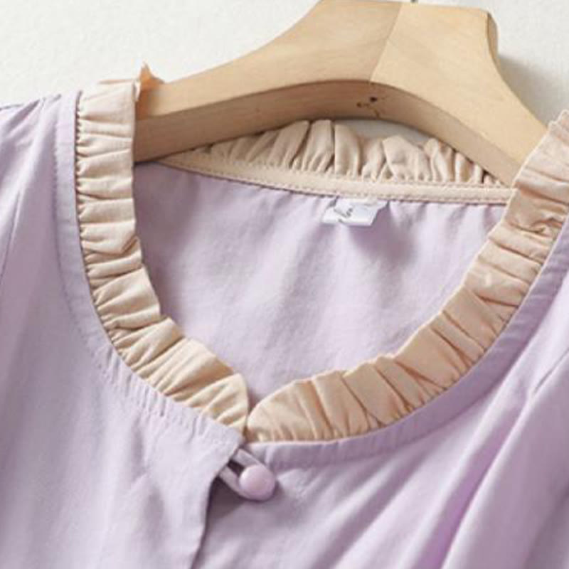 Cotton Linen Ruffle Collar Frog-Button Mindful Shirt
