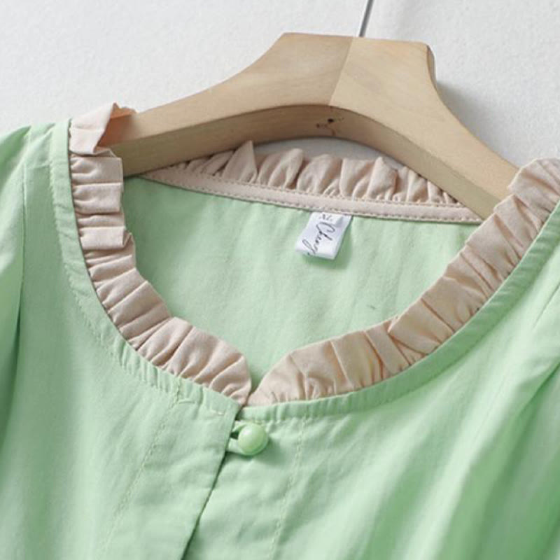 Cotton Linen Ruffle Collar Frog-Button Mindful Shirt
