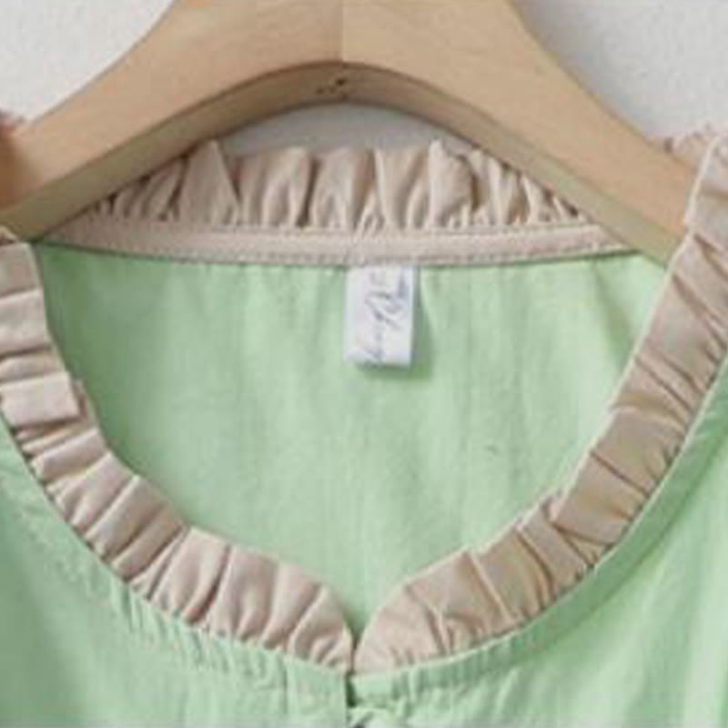 Cotton Linen Ruffle Collar Frog-Button Mindful Shirt
