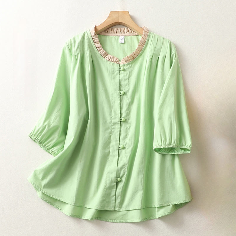Cotton Linen Ruffle Collar Frog-Button Mindful Shirt