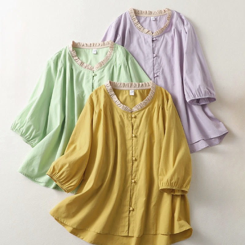 Cotton Linen Ruffle Collar Frog-Button Mindful Shirt