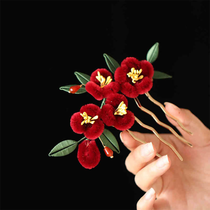 Classical Chinese Style Red Flower Blue Butterfly Hairpin Hair Clip Hair Comb Barrette