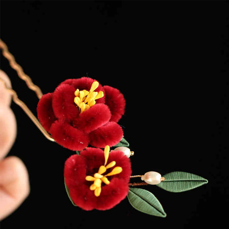 Classical Chinese Style Red Flower Blue Butterfly Hairpin Hair Clip Hair Comb Barrette